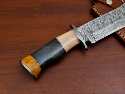 17 Inch Custom Handmade Damascus Bowie Knife with Stained Camel Bone Handle
