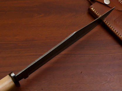 17 Inch Custom Handmade Damascus Bowie Knife with Stained Camel Bone Handle