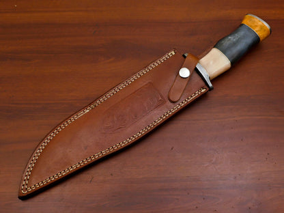 17 Inch Custom Handmade Damascus Bowie Knife with Stained Camel Bone Handle