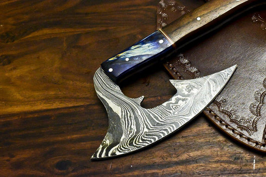 Hand Forged Damascus Axe Hunting Chopper with Walnut Wood Handle | Custom Damascus Steel Axe Knife