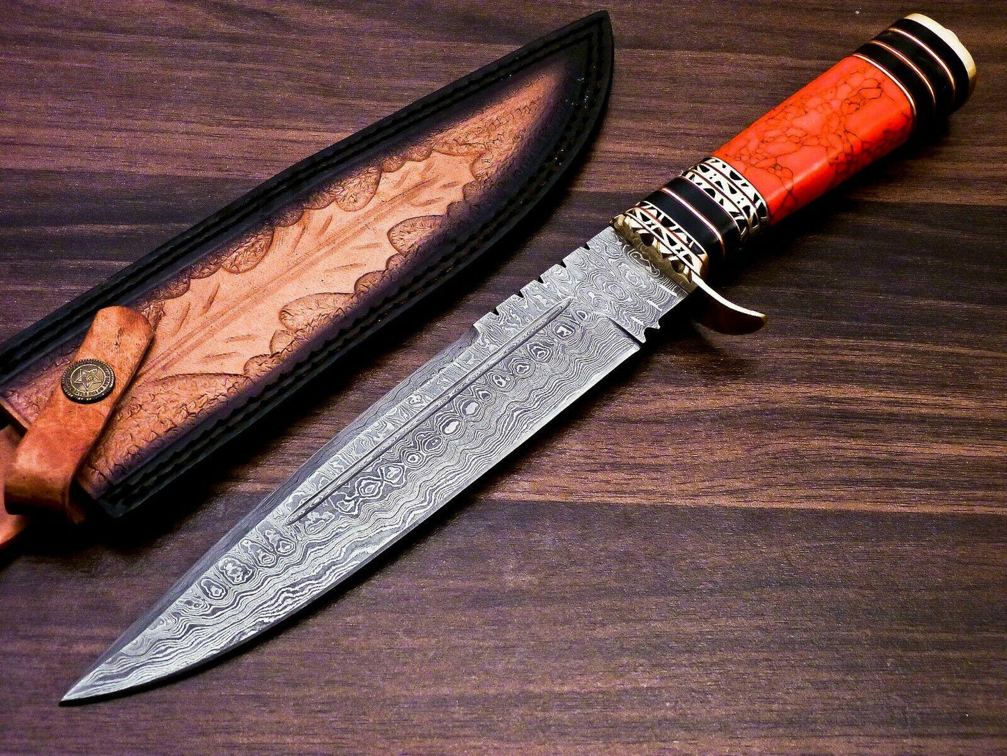 Crimson Fang 13 Inch Damascus Bowie Knife | Red Jasper & Horn Brass Handle with Leather Sheath