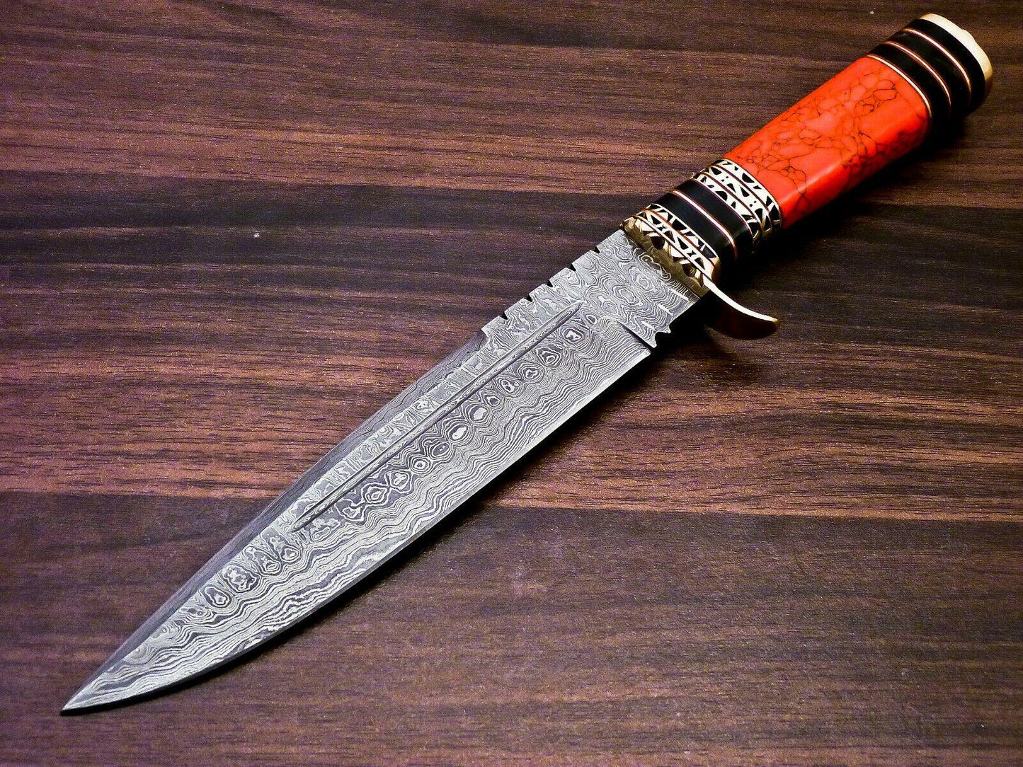 Crimson Fang 13 Inch Damascus Bowie Knife | Red Jasper & Horn Brass Handle with Leather Sheath