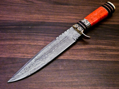 Crimson Fang 13 Inch Damascus Bowie Knife | Red Jasper & Horn Brass Handle with Leather Sheath