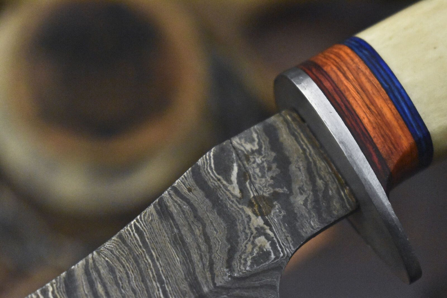 Twist Damascus Skinner Knife Bone and Wood Handle Custom Handmade Hunting Gift