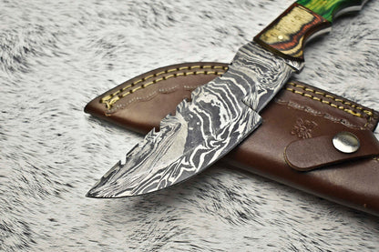 Rare Handmade Damascus Steel Full Tang Camping Tracker Knife with Leather Sheath