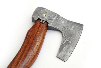 Custom Handmade 15 Inch Damascus Steel Axe with Rosewood Handle and Leather Sheath