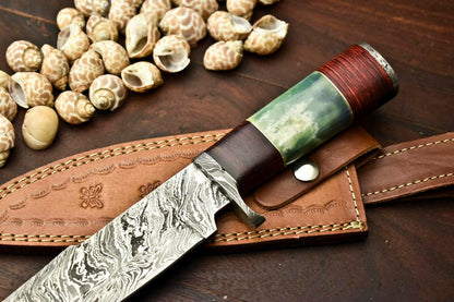 13" Handmade Damascus Steel Bowie Knife | Camel Bone Handle