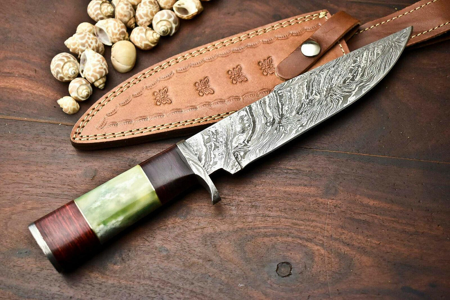 13" Handmade Damascus Steel Bowie Knife | Camel Bone Handle