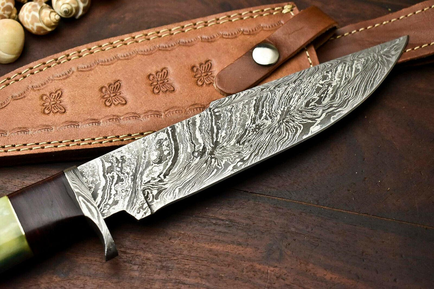 13" Handmade Damascus Steel Bowie Knife | Camel Bone Handle