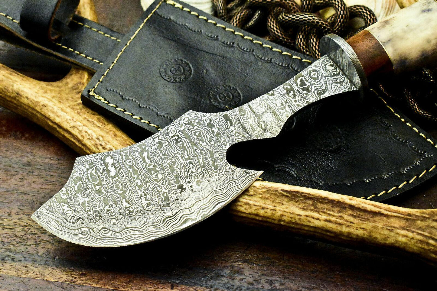 12.5" Damascus Bowie Knife | Premium Camel Bone Handle