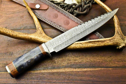 15" Handmade Damascus Bowie Knife – Camel Bone Handle & Leather Sheath