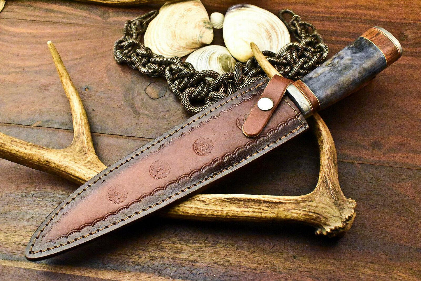 15" Damascus Steel Bowie Knife – Engraved Camel Bone Handle