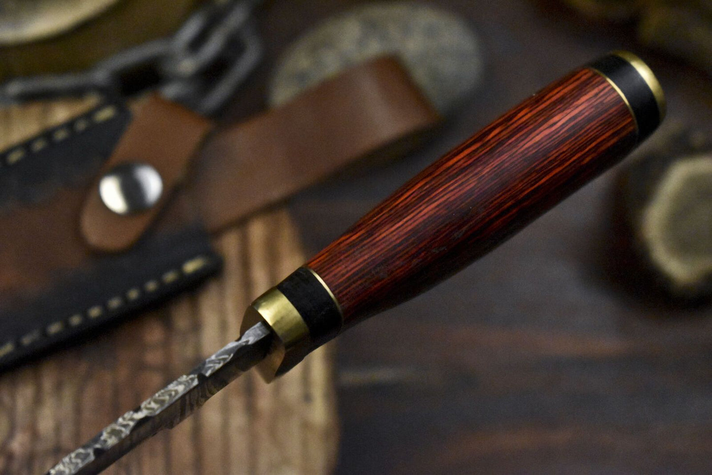 Custom Twist Damascus Skinner Knife with Gut Hook and Hardwood Handle – Handmade Hunting Knife