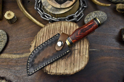Custom Twist Damascus Skinner Knife with Gut Hook and Hardwood Handle – Handmade Hunting Knife