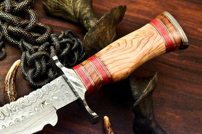 15" Damascus Steel Bowie Knife – Olive Wood Handle | Rare Handmade Hunting Blade