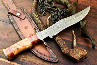 15" Damascus Steel Bowie Knife – Olive Wood Handle | Rare Handmade Hunting Blade