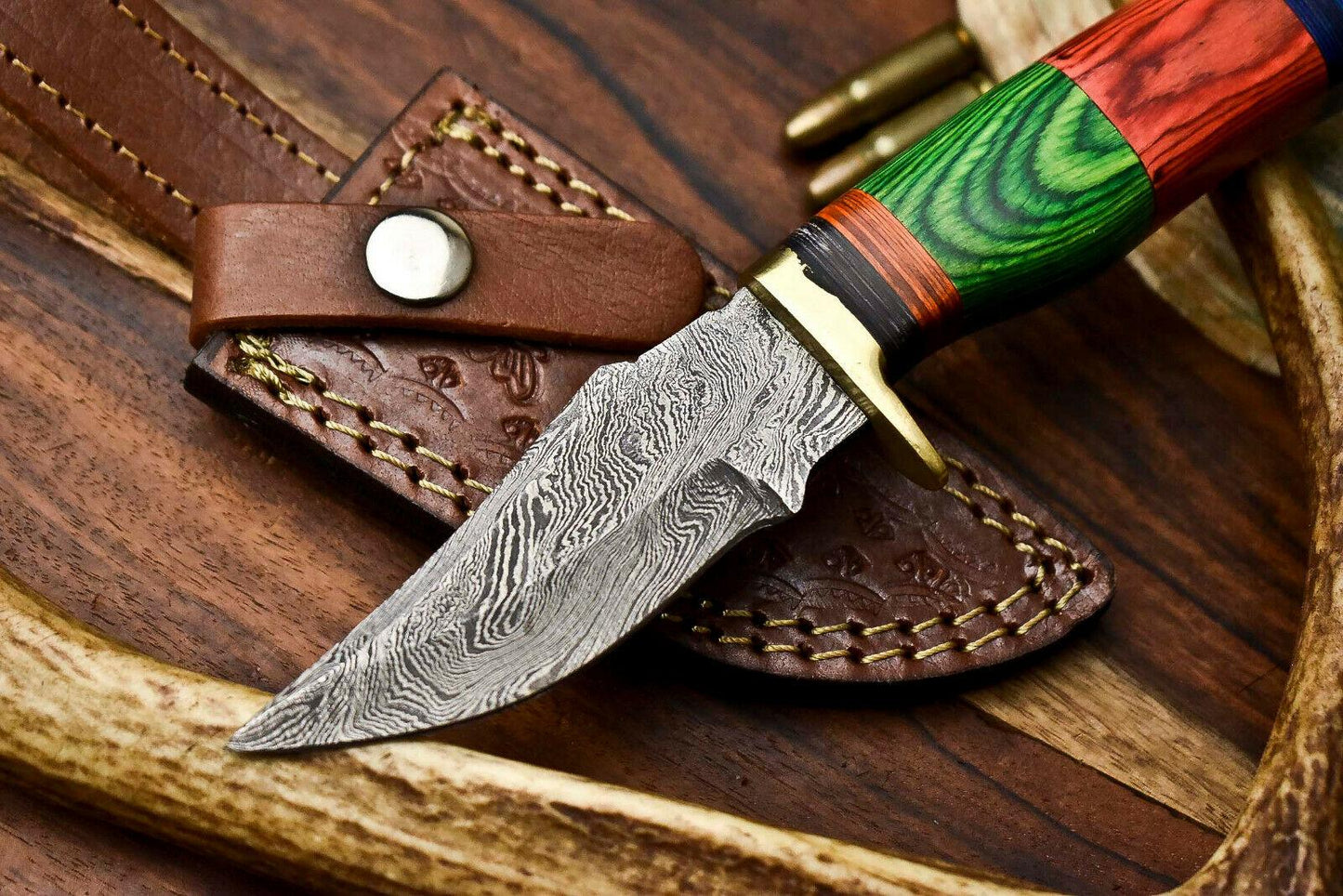 Custom Handmade Damascus Steel Hunting Knife with Hardwood Handle and Leather Sheath