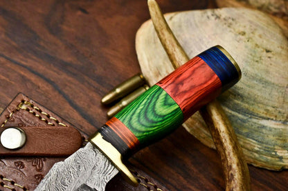 Custom Handmade Damascus Steel Hunting Knife with Hardwood Handle and Leather Sheath