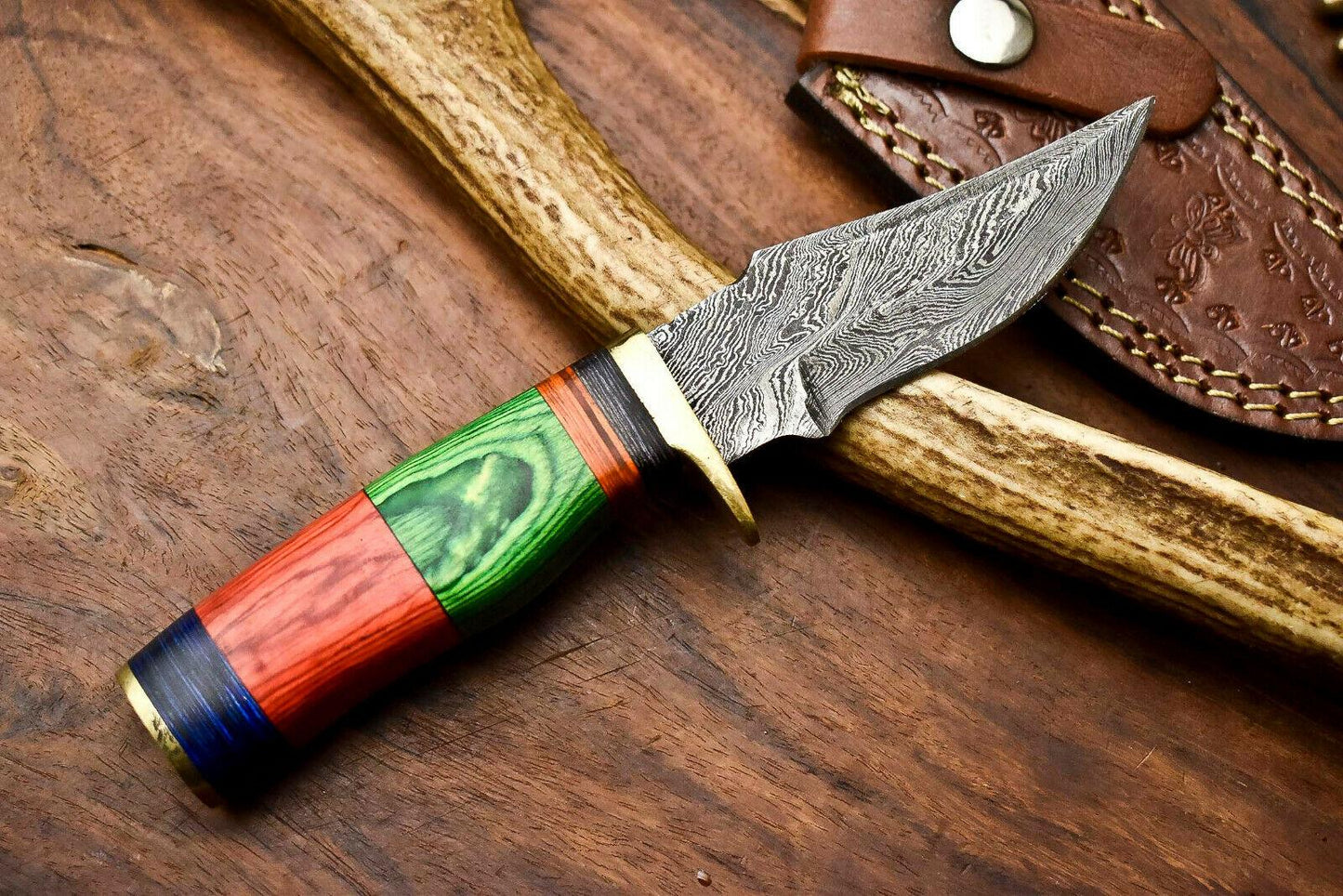 Custom Handmade Damascus Steel Hunting Knife with Hardwood Handle and Leather Sheath