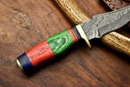 Custom Handmade Damascus Steel Hunting Knife with Hardwood Handle and Leather Sheath