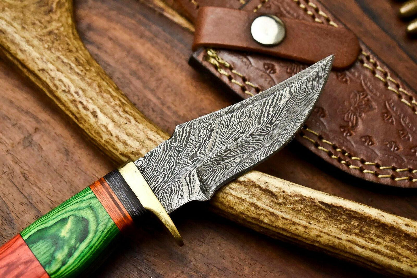Custom Handmade Damascus Steel Hunting Knife with Hardwood Handle and Leather Sheath