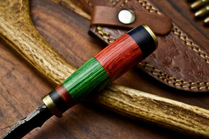 Custom Handmade Damascus Steel Hunting Knife with Hardwood Handle and Leather Sheath