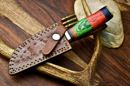Custom Handmade Damascus Steel Hunting Knife with Hardwood Handle and Leather Sheath