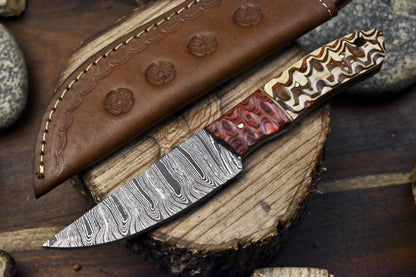 Handcrafted Damascus Skinner Knife Twist Pattern Hardwood Handle with Wooden Bolster and Leather Sheath