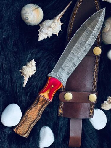 10.5" Damascus Dagger Knife – Twist Pattern Blade, Camel Bone Handle