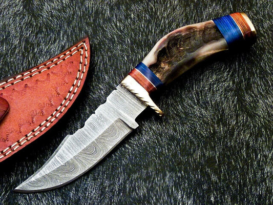 Heritage Forge 8 Inch Damascus Steel Hunting Knife with Ram Horn and Hardwood Handle