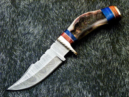 Heritage Forge 8 Inch Damascus Steel Hunting Knife with Ram Horn and Hardwood Handle