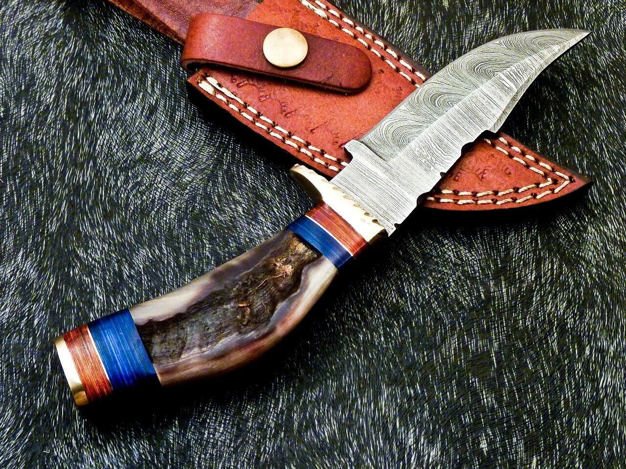Heritage Forge 8 Inch Damascus Steel Hunting Knife with Ram Horn and Hardwood Handle