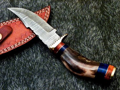 Heritage Forge 8 Inch Damascus Steel Hunting Knife with Ram Horn and Hardwood Handle