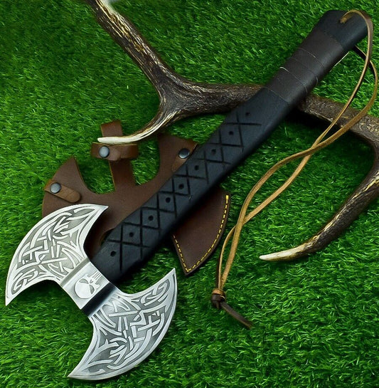 Hand Forged Carbon Steel Double Headed Viking Battle Axe with Ash Wood Handle and Leather Sheath