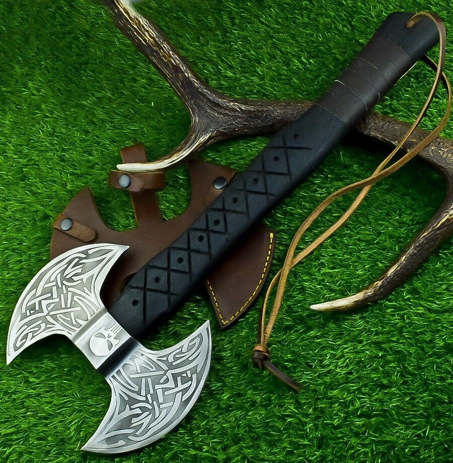 Hand Forged Carbon Steel Double Headed Viking Battle Axe with Ash Wood Handle and Leather Sheath