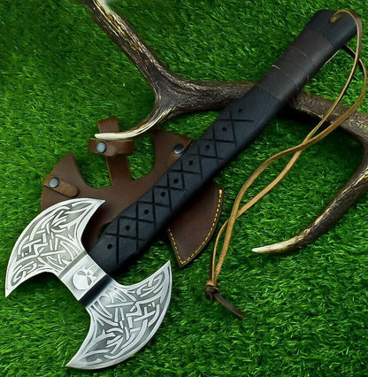 Hand Forged Carbon Steel Double Headed Viking Battle Axe with Ash Wood Handle and Leather Sheath