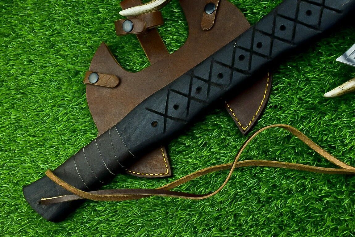 Hand Forged Carbon Steel Double Headed Viking Battle Axe with Ash Wood Handle and Leather Sheath