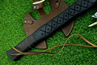 Hand Forged Carbon Steel Double Headed Viking Battle Axe with Ash Wood Handle and Leather Sheath
