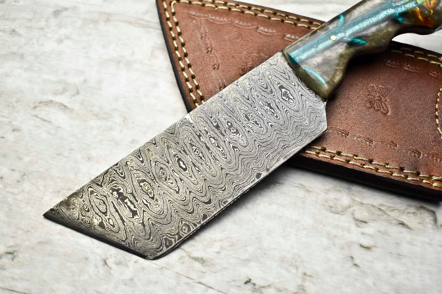 10" Handmade Damascus Steel Tracker Knife with Corian Handle & Leather Sheath