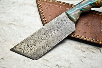 10" Handmade Damascus Steel Tracker Knife with Corian Handle & Leather Sheath