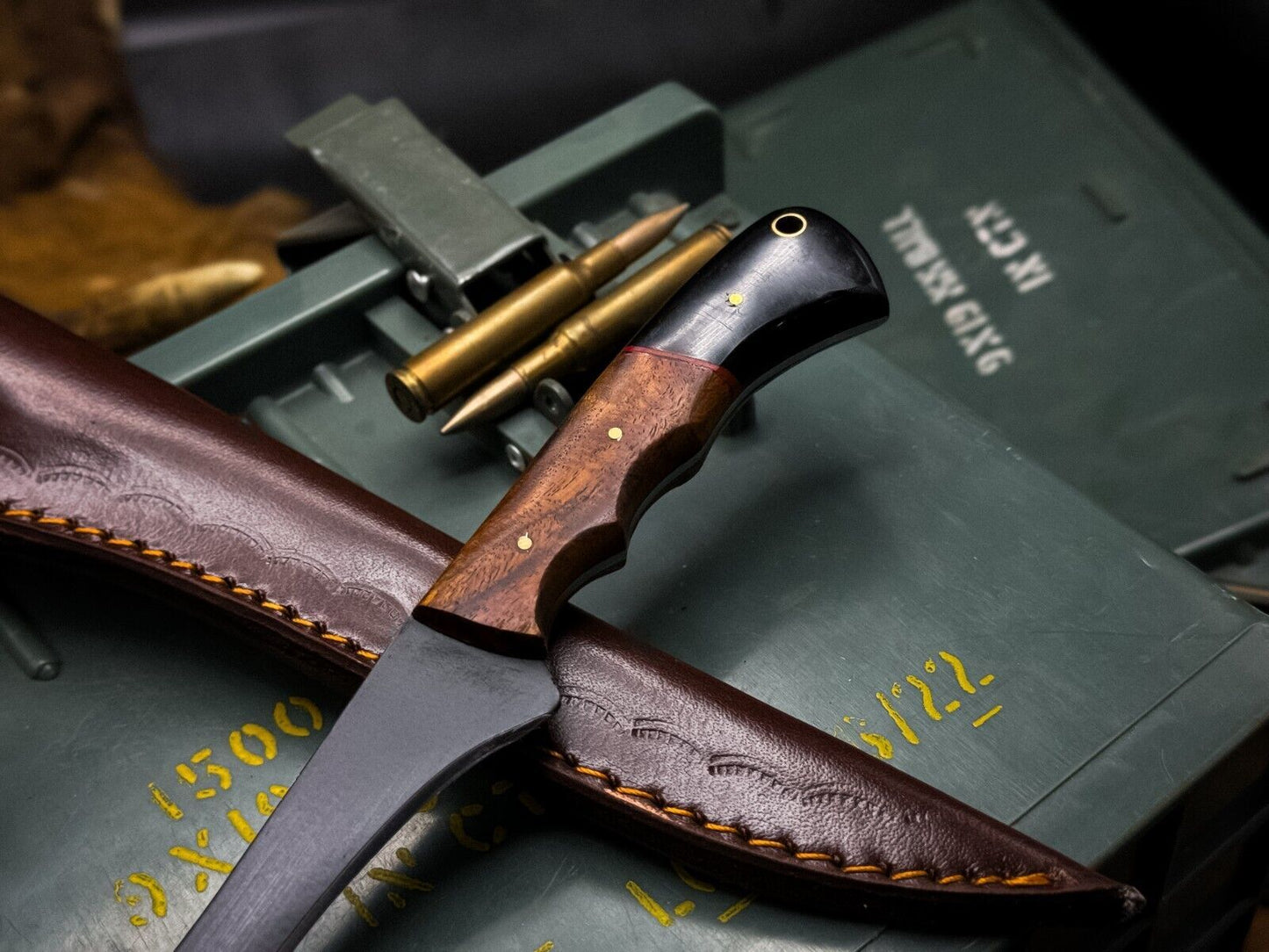Handmade J2 Steel Hunting & Chef Knife with Powder Coated Blade, Horn Handle & Leather Sheath