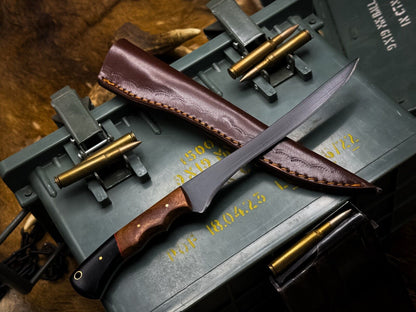 Handmade J2 Steel Hunting & Chef Knife with Powder Coated Blade, Horn Handle & Leather Sheath