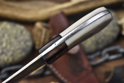 Compact Rain Drop Damascus Skinner Knife with Bone Handle & Wooden Bolster – Handmade Hunting Gift with Sheath