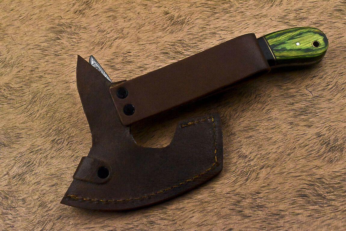 Hand Forged Damascus Steel Hunting Axe Knife Walnut Wood Handle Clever Chopper with Leather Sheath