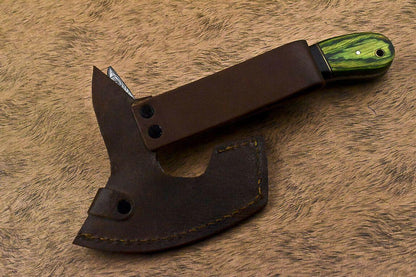Hand Forged Damascus Steel Hunting Axe Knife Walnut Wood Handle Clever Chopper with Leather Sheath