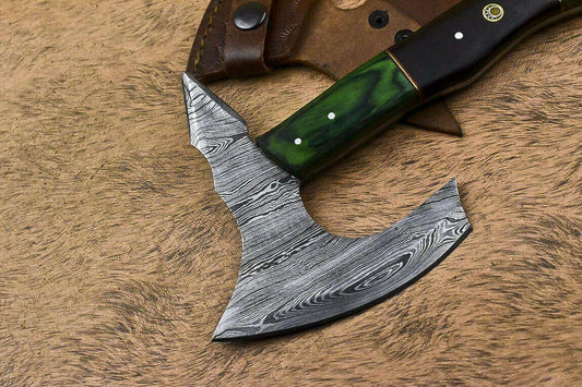 Hand Forged Damascus Steel Hunting Axe Knife Walnut Wood Handle Clever Chopper with Leather Sheath