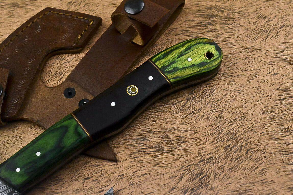 Hand Forged Damascus Steel Hunting Axe Knife Walnut Wood Handle Clever Chopper with Leather Sheath