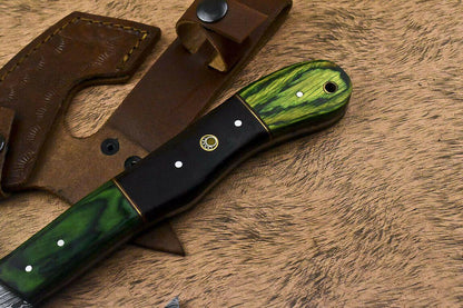 Hand Forged Damascus Steel Hunting Axe Knife Walnut Wood Handle Clever Chopper with Leather Sheath