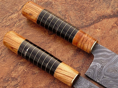 2-Piece Handmade Damascus Chef Knife Set – Olive Wood & Buffalo Horn, Full Tang Japanese Steel