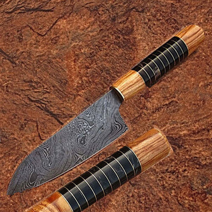 2-Piece Handmade Damascus Chef Knife Set – Olive Wood & Buffalo Horn, Full Tang Japanese Steel
